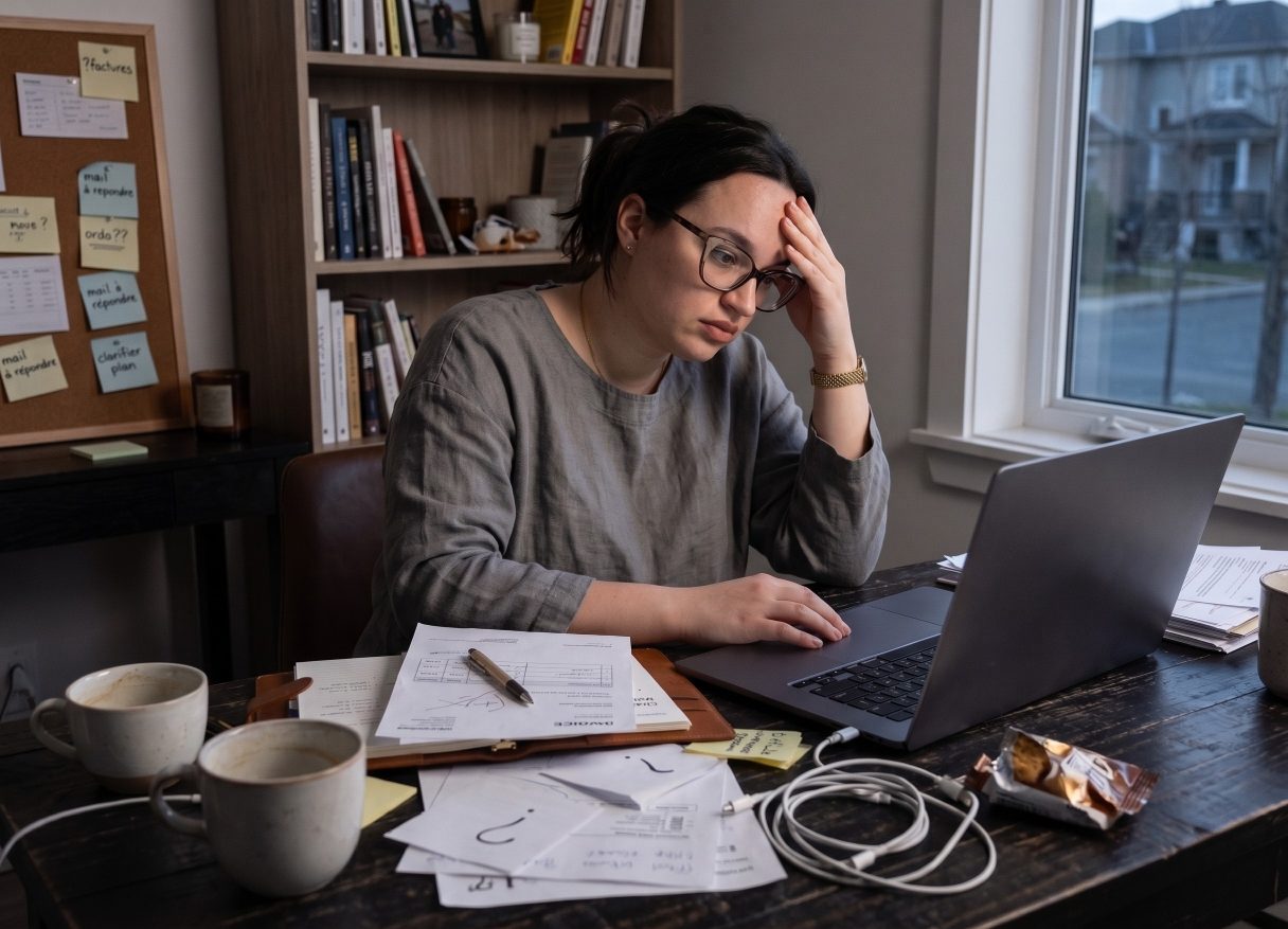 Une entrepreneure solo stressée face à son ordinateur, illustrant le quotidien difficile d'un autoentrepreneur sans accompagnement business.
