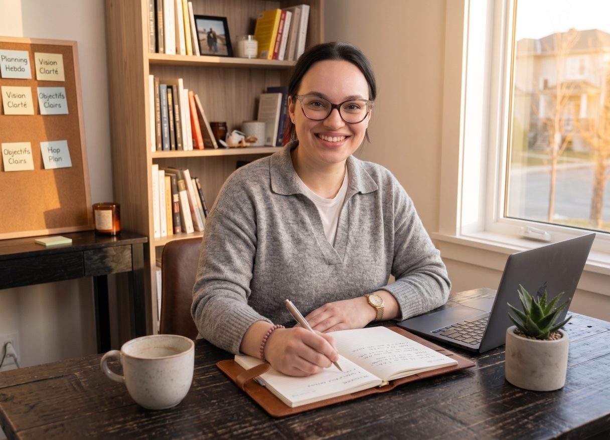 Une autoentrepreneure souriante et sereine qui valide ses contrats grâce à un accompagnement business sur-mesure.